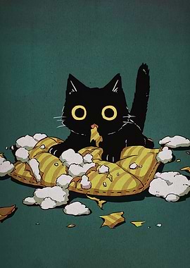 Mischievous Black Cat with Torn Pillow