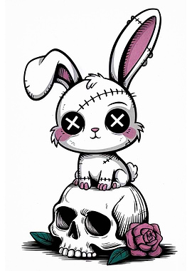 Creepy Cute Bunny on Skull