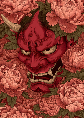 Hannya Mask Surrounded by Peonies