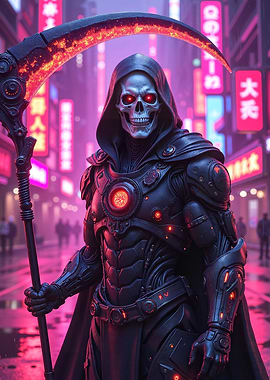 Cyberpunk Grim Reaper in Neon City