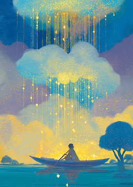 Dreamy Boat Ride Under Golden Rain