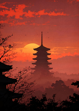 Japanese Pagoda Sunset