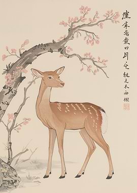 Deer and Cherry Blossoms Painting