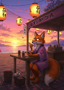 Fox eating ramen at sunset