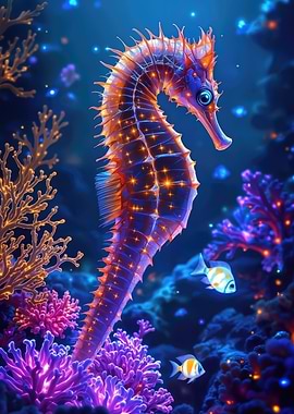 Glowing Seahorse in Coral Reef