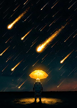 Astronaut under meteor shower with umbrella