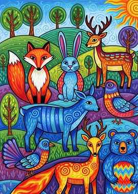 Colorful Forest Animals Illustration