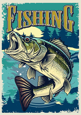 Vintage Fishing Poster with Jumping Bass
