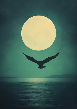 A soaring bird in front of a glowing full moon