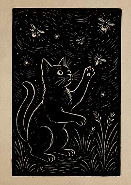 Cat and Fireflies Linocut Illustration