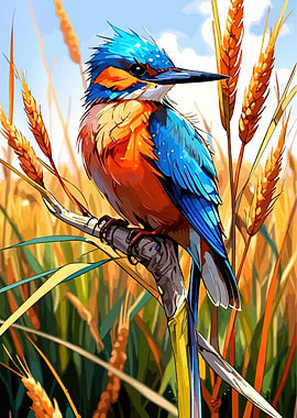 Kingfisher bird in wheat field art