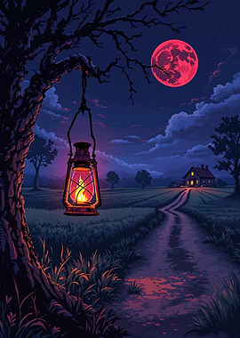 Night Landscape with Lantern and Red Moon