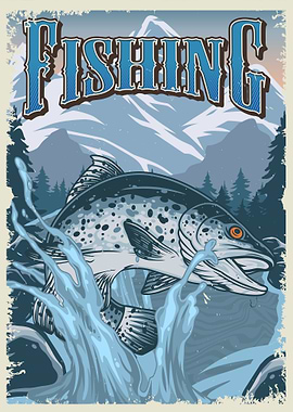 Vintage Fishing Poster with Leaping Fish