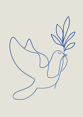 Blue Line Art: Dove with Olive Branch