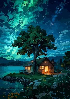 Cabin by the Lake Under Aurora