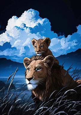 Lion and Cub Cloudy Sky