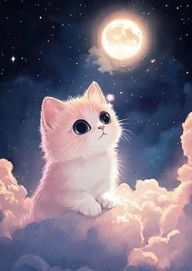 Cute Kitten Gazing Moon