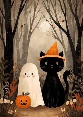 Halloween Ghost, Cat, and Pumpkin Illustration