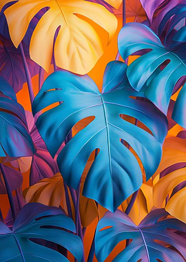 Colorful Monstera Leaves on Orange Background | Botanical wall art