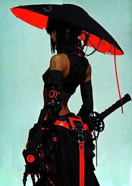 Cyberpunk Warrior with Katana and Umbrella