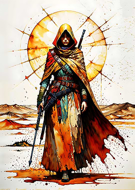 Desert Guardian - Warrior with Golden Sun Halo Fantasy