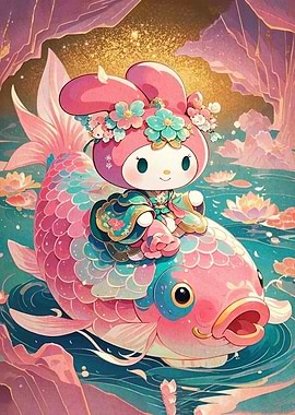 My Melody riding a koi fish