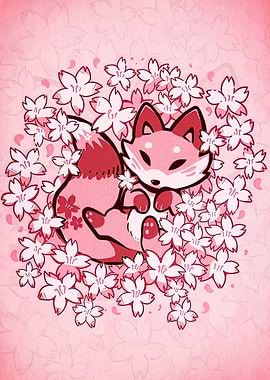 Fox surrounded by cherry blossoms