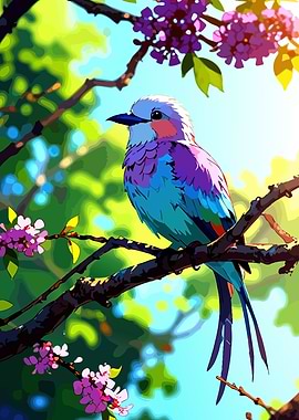 Colorful Bird on Branch with Flowers