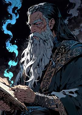 Wizard Reading Spellbook with Blue Flames
