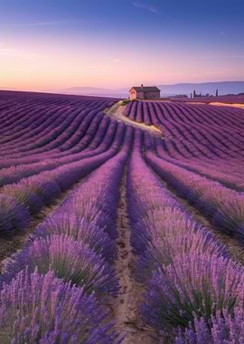 Lavender Field at Sunset with House