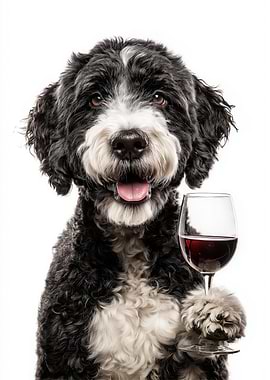 Portuguese Water Dog with Wine Glass Portrait