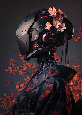 Cyberpunk Geisha with Cherry Blossoms