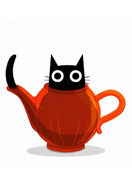 Black Cat in Teapot Illustration