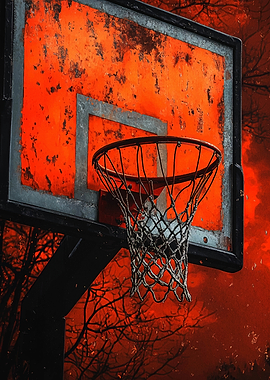 Weathered Basketball Hoop Against Red Sky