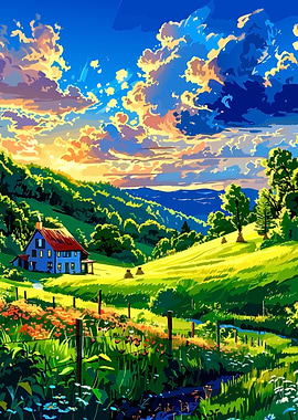 Idyllic Countryside Landscape with Blue House