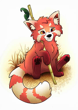 Cute Red Panda with Bamboo Stick