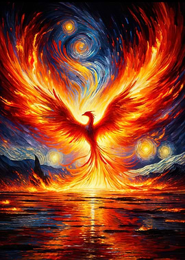Fiery Phoenix Rising Over Water