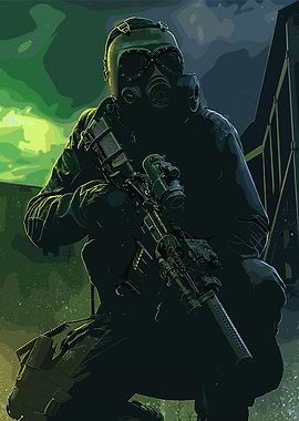 Soldier with Gas Mask and Rifle