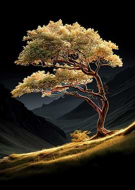 Golden Tree in Mountain Valley