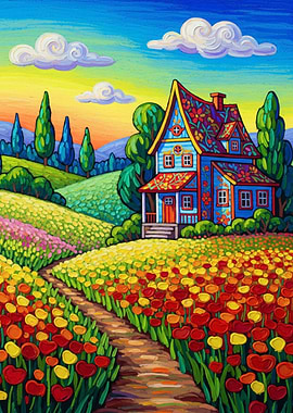 Colorful House in Floral Landscape Painting