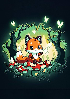 Cute Fox on Mushroom in Forest