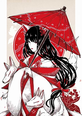 Fox Spirit Girl with Red Umbrella