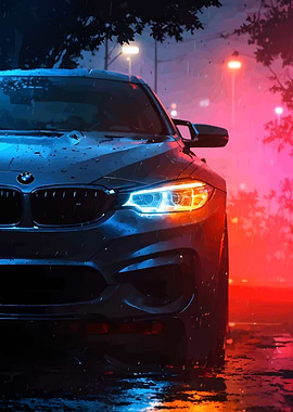BMW in the Rain at Night