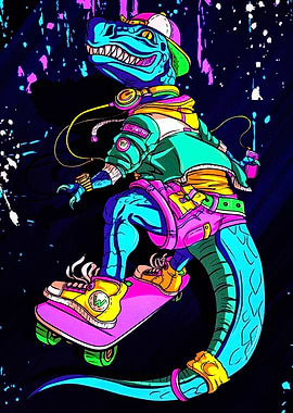 Skateboarding Dinosaur with Retro Style