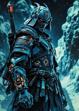 Cyberpunk Samurai Warrior in Blue Armor