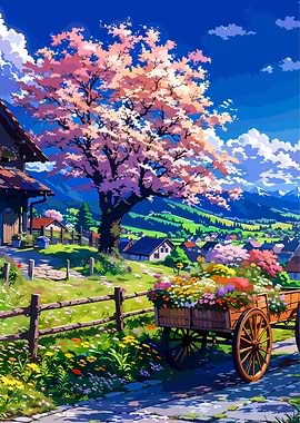 Spring Village with Cherry Blossom Tree