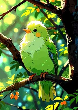 Green Bird on Branch Digital Art