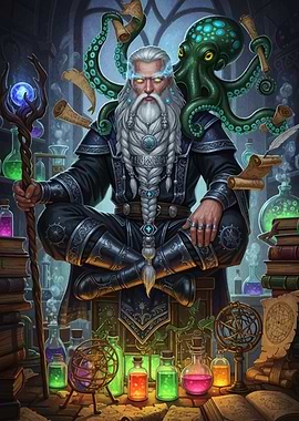 Fantasy Wizard with Octopus Familiar