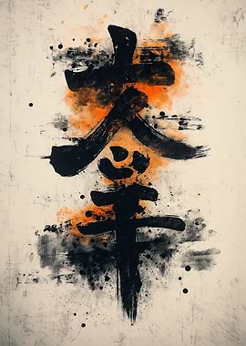 An ancient kanji symbol with black ink and orange splashes