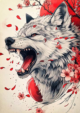Wolf with Cherry Blossoms and Red Moon
